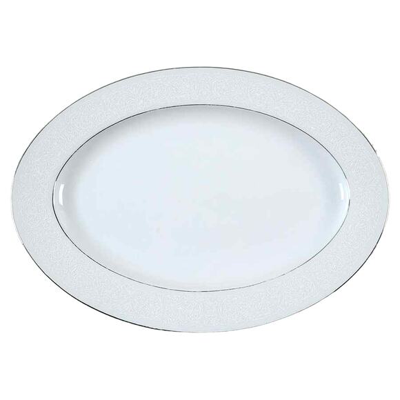 Wyndham Turkey Platter Bridal Lace Oval 14.25" Serving Plate Silver Trim Japan - Picture 1 of 2